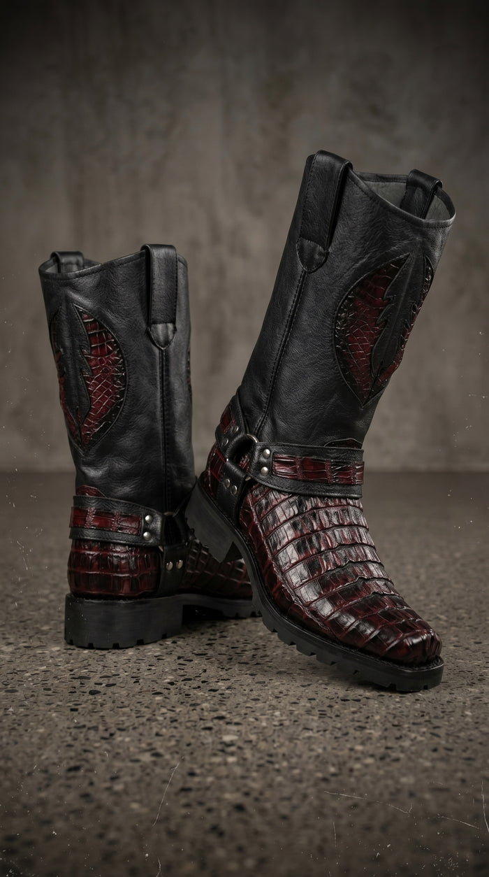 Men’s Los Altos Black Cherry Caiman Tail Skin Biker Boots, Exotic Western Motorcycle Boots