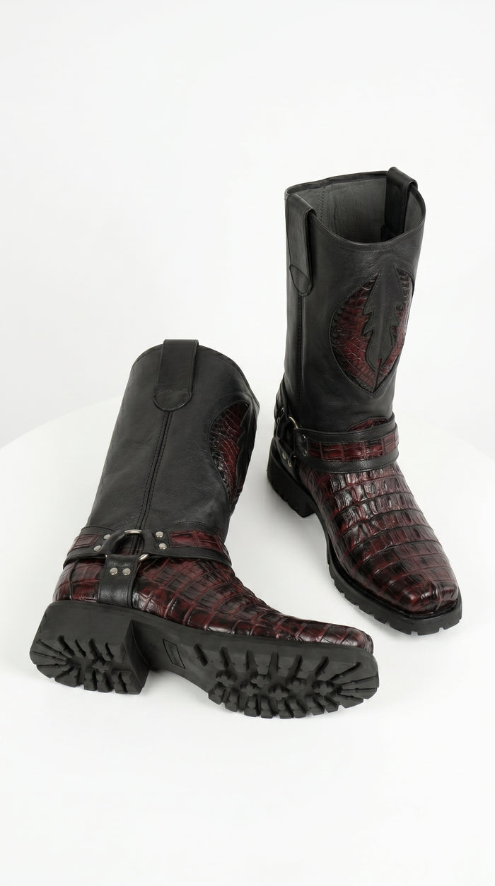 Men’s Los Altos Black Cherry Caiman Tail Skin Biker Boots, Exotic Western Motorcycle Boots