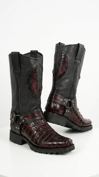 Men’s Los Altos Black Cherry Caiman Tail Skin Biker Boots, Exotic Western Motorcycle Boots