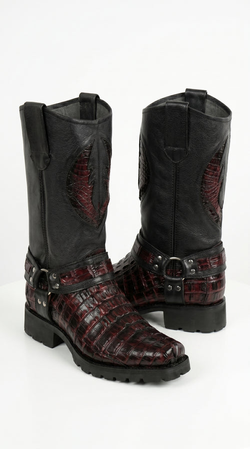 Men’s Los Altos Black Cherry Caiman Tail Skin Biker Boots, Exotic Western Motorcycle Boots