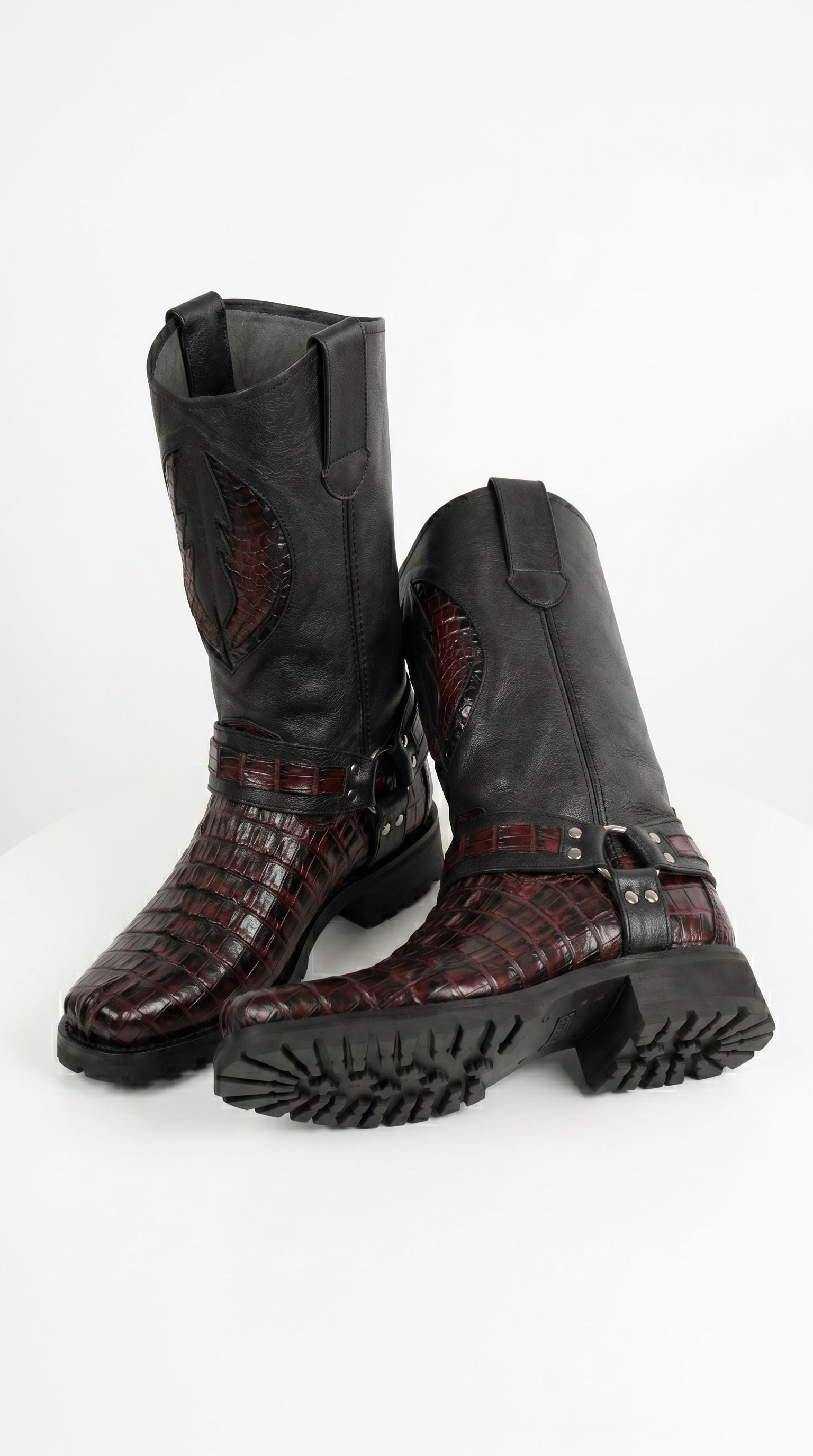Men’s Los Altos Black Cherry Caiman Tail Skin Biker Boots, Exotic Western Motorcycle Boots
