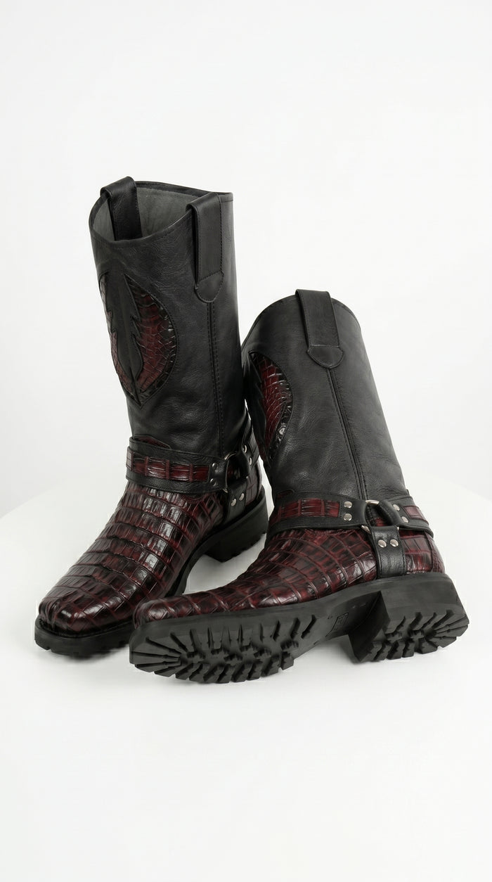 Men’s Los Altos Black Cherry Caiman Tail Skin Biker Boots, Exotic Western Motorcycle Boots
