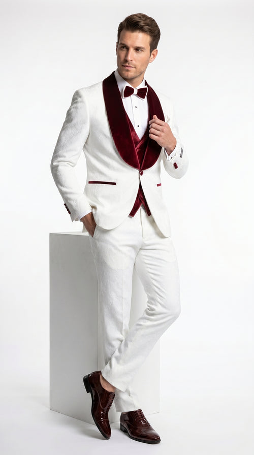 Men’s Gianni White and Burgundy Velvet Lapel 3 Piece Tuxedo, Formal Wedding Prom Suit