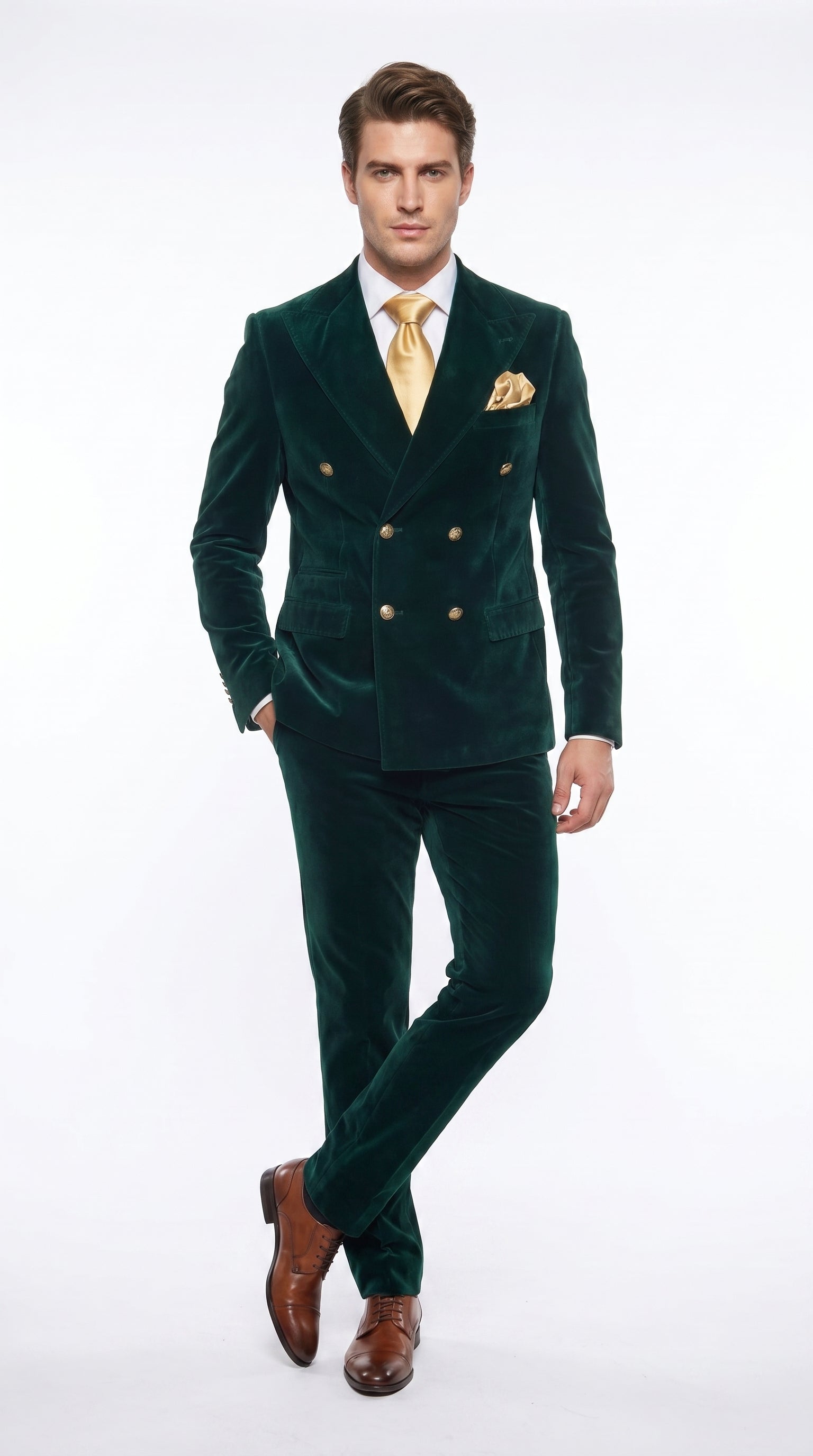Men’s Rossi Man Zeus Emerald Green Velvet Double Breasted Tuxedo Suit, Formal Wedding Prom Dinner Suit - 34 Short or Extra Small