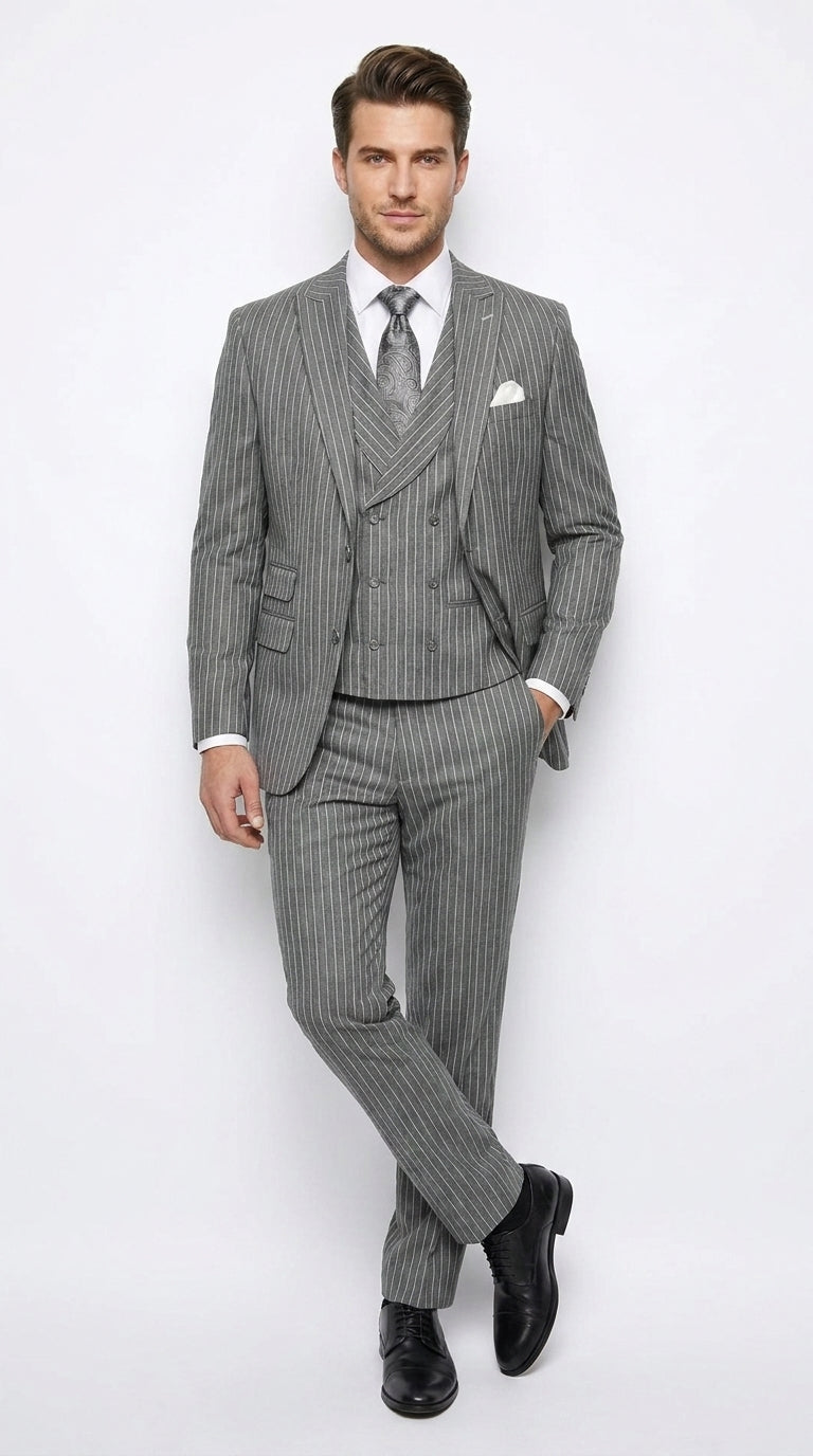 Men’s Grey Pinstripe Gangster Suit – 3 Piece 2 Button Suit with Double Breasted Vest, Vintage Formal Outfit