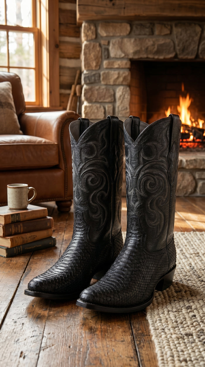 Men’s Black Python Cowboy Boots with Western Stitching, Exotic Style Dress Boots