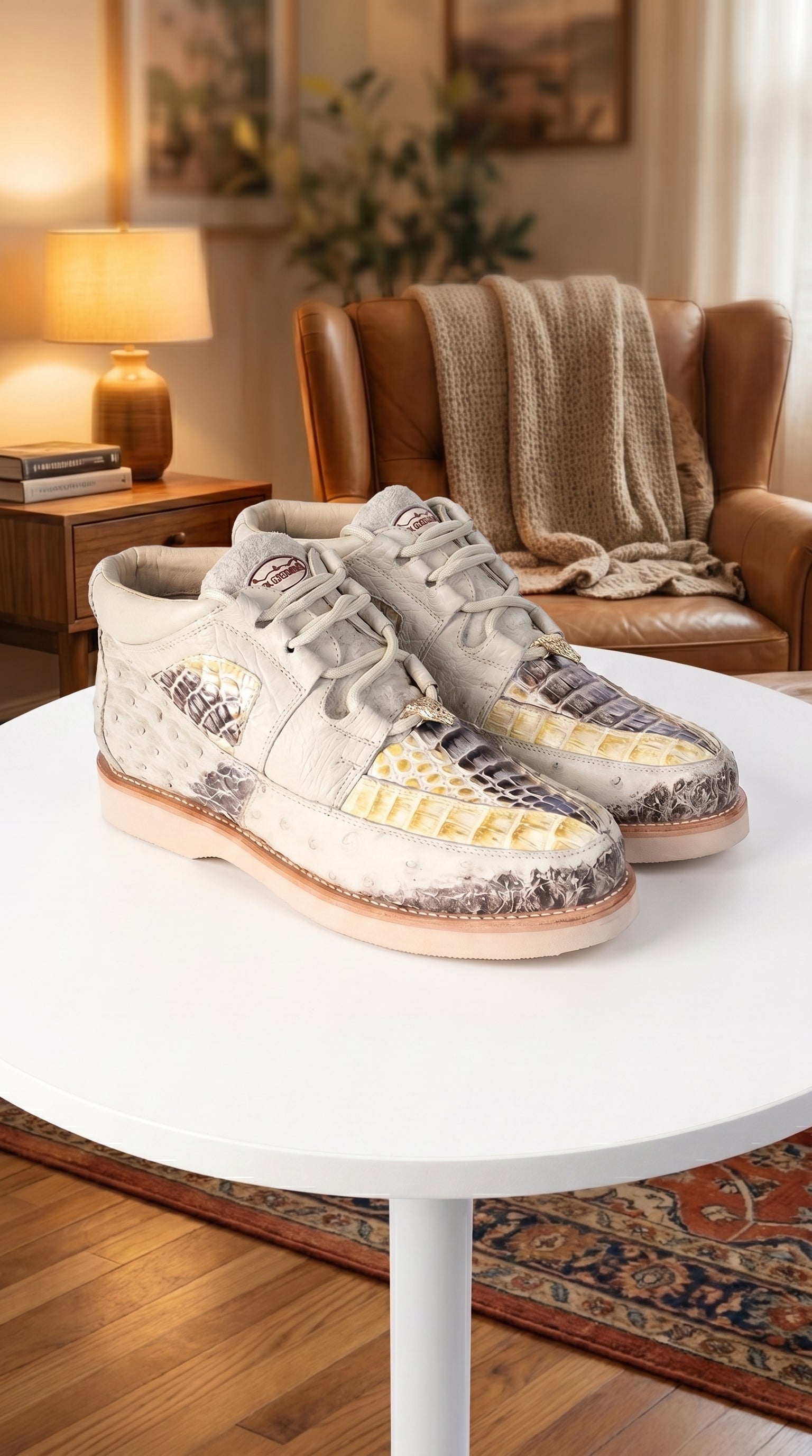 Men’s Los Altos Caiman and Ostrich Skin Shoes in Cream Multi Color, Exotic Western Dress Shoes