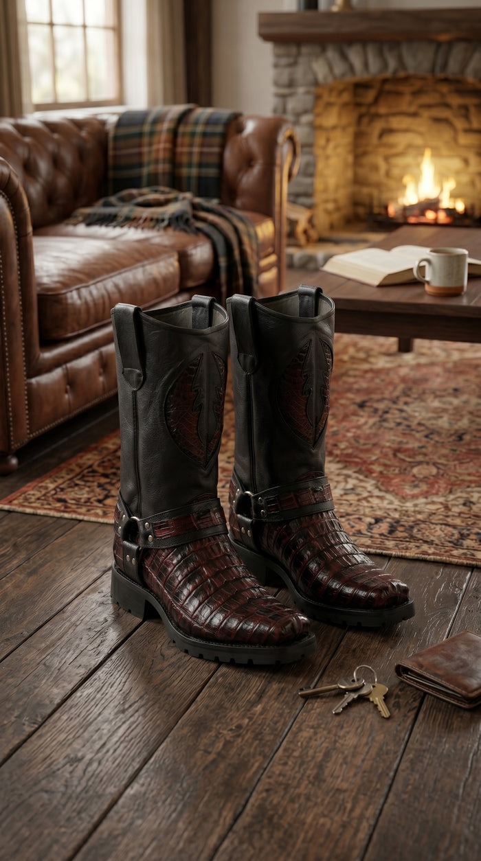 Men’s Los Altos Black Cherry Caiman Tail Skin Biker Boots, Exotic Western Motorcycle Boots