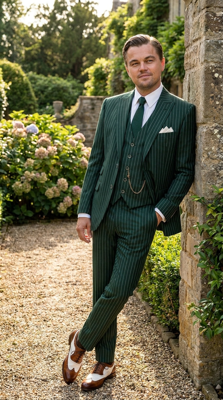 Men’s Hunter Green Pinstripe 1920s Gangster 3 Piece Suit, Great Gatsby Formal Outfit for Weddings, Prom, Parties, and Theme Events
