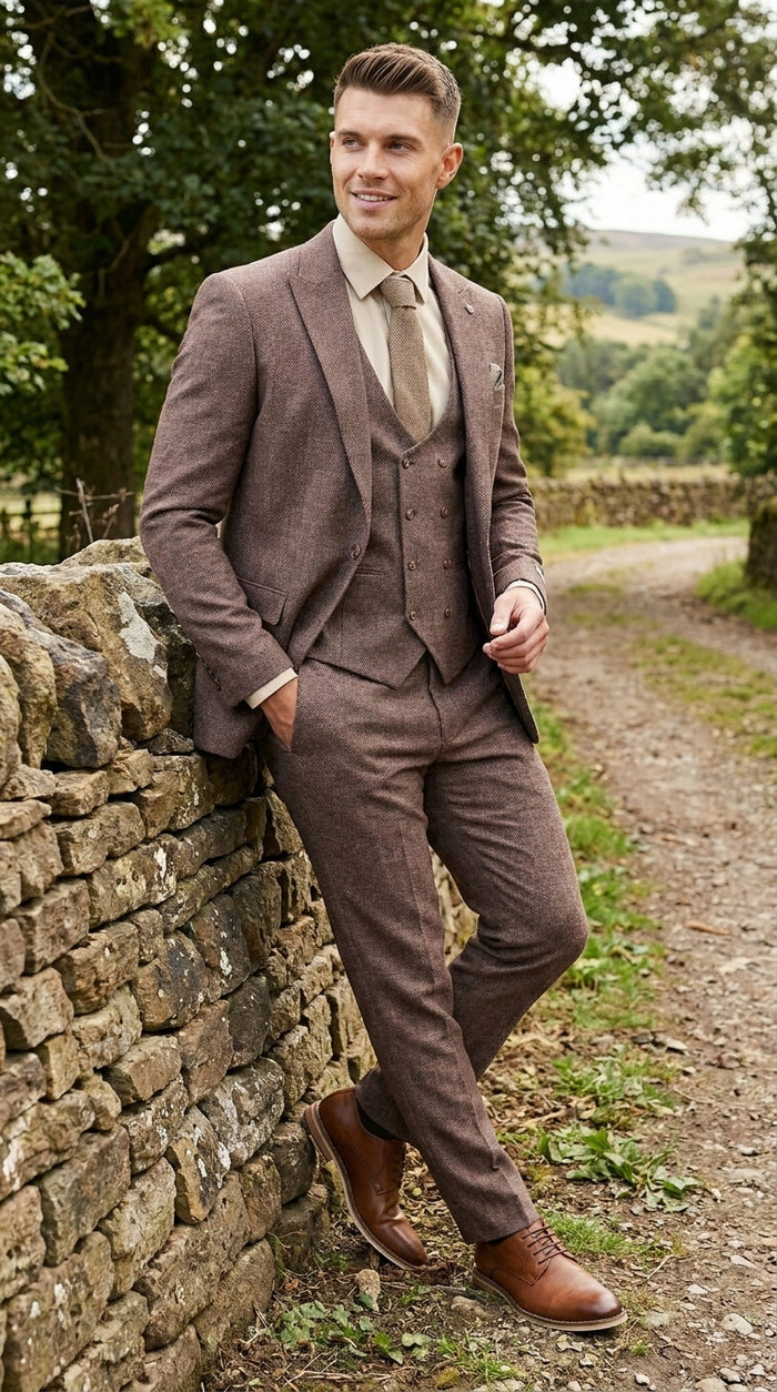 Stacy Adams Men’s Brown Textured Windowpane 3 Piece Hybrid Fit Suit, Black and Orange Check Formal Dress Suit for Weddings, Prom, Business Events, and Parties