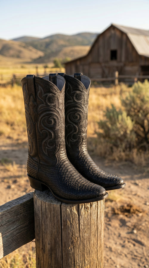 Men’s Black Python Cowboy Boots with Western Stitching, Exotic Style Dress Boots