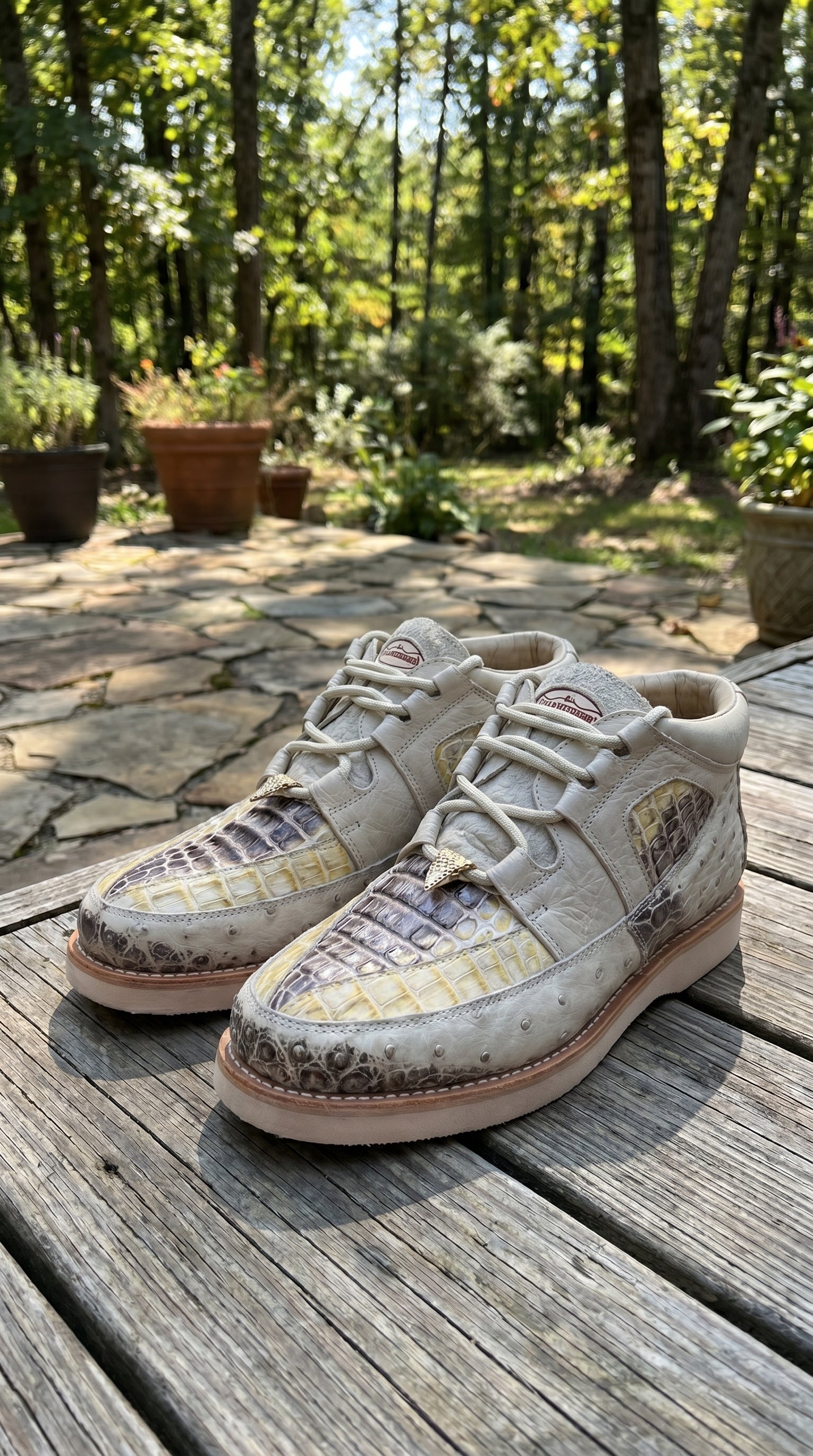 Men’s Los Altos Caiman and Ostrich Skin Shoes in Cream Multi Color, Exotic Western Dress Shoes