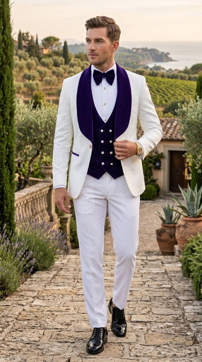 Men’s White and Royal Blue Wedding Tuxedo, Groom Prom Suit with Velvet Shawl Lapel and Matching Vest
