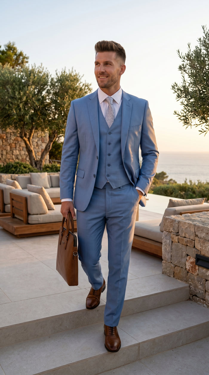 Statement Men’s Solid Steel Blue 100% Wool Vested Suit, Formal Wedding Business 3 Piece Suit Set