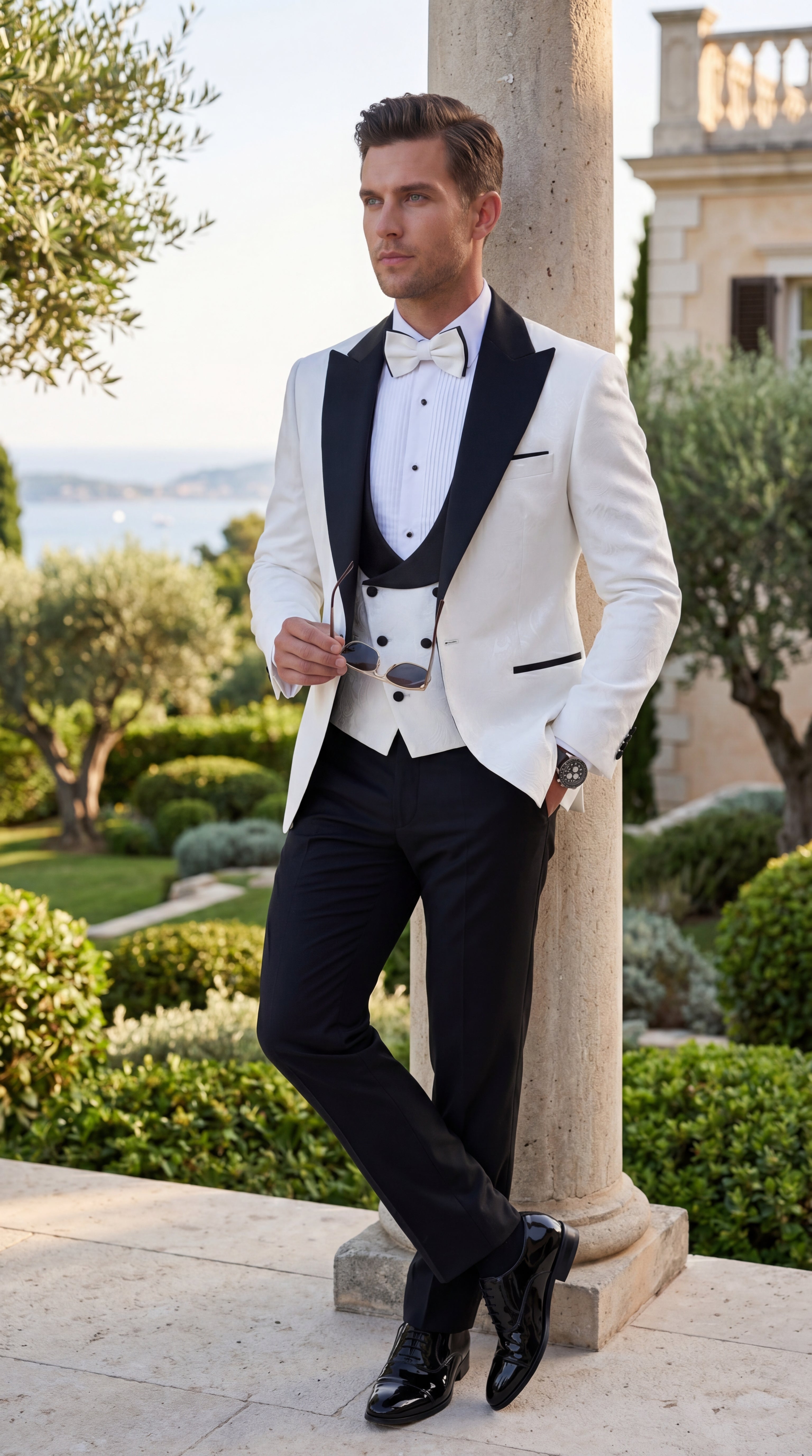 Statement Men’s White and Black Vested Tuxedo, Peak Lapel Wedding Prom Formal Suit with Bow Tie
