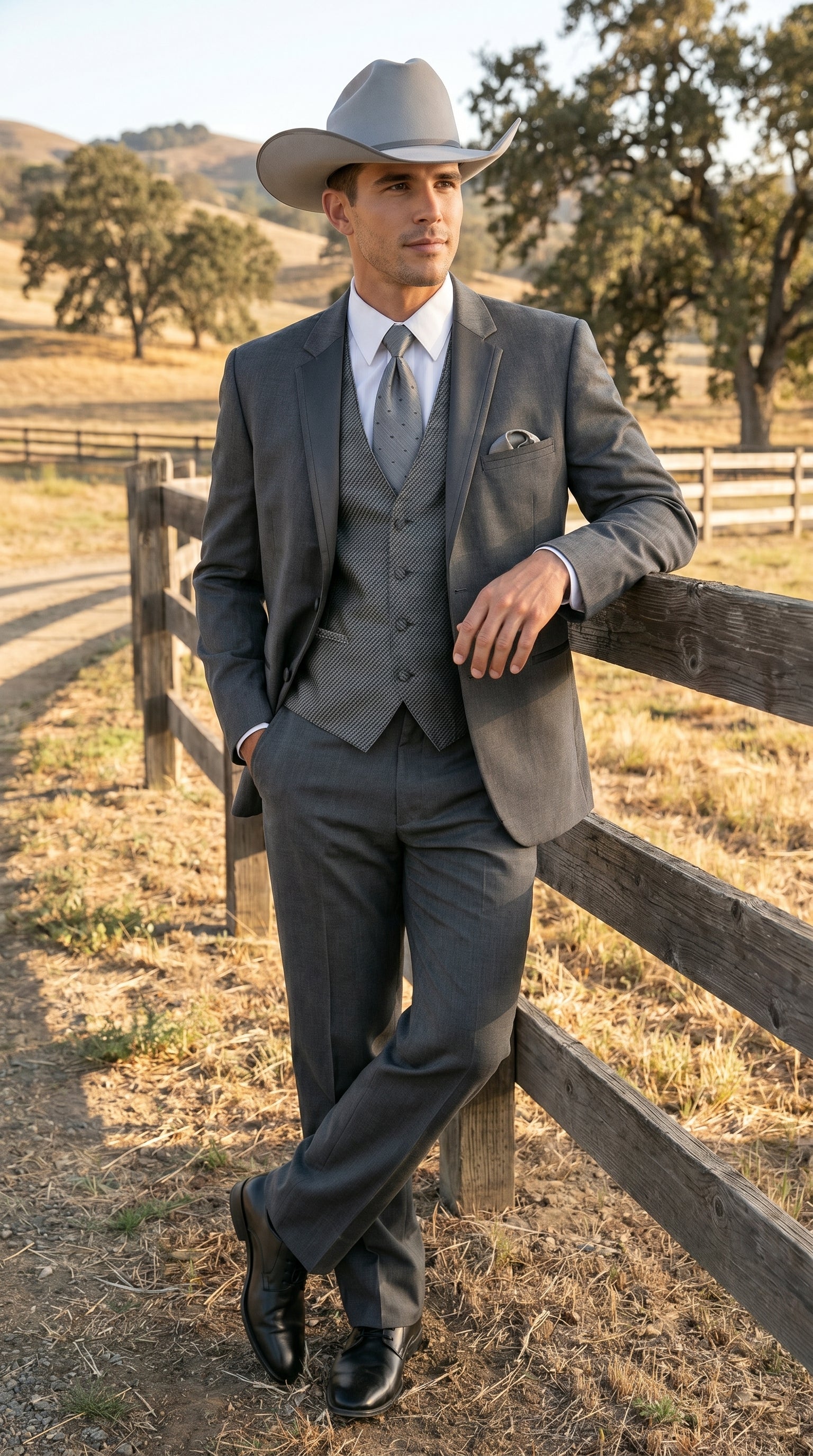 2 Button Trim Cowboy Tuxedo  Grey - 38 Short Jacket+32 Waist Adjustable 28to34)(Height: 5 4 to5 7 )(Neck  15-16.5)S-M)