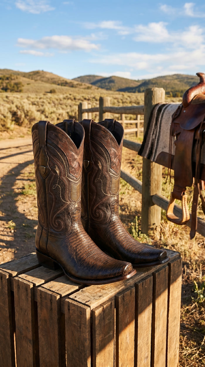 Men’s Wild West Burnished Brown Teju Lizard Square Toe Cowboy Boots, Genuine Leather Dress Western Boots