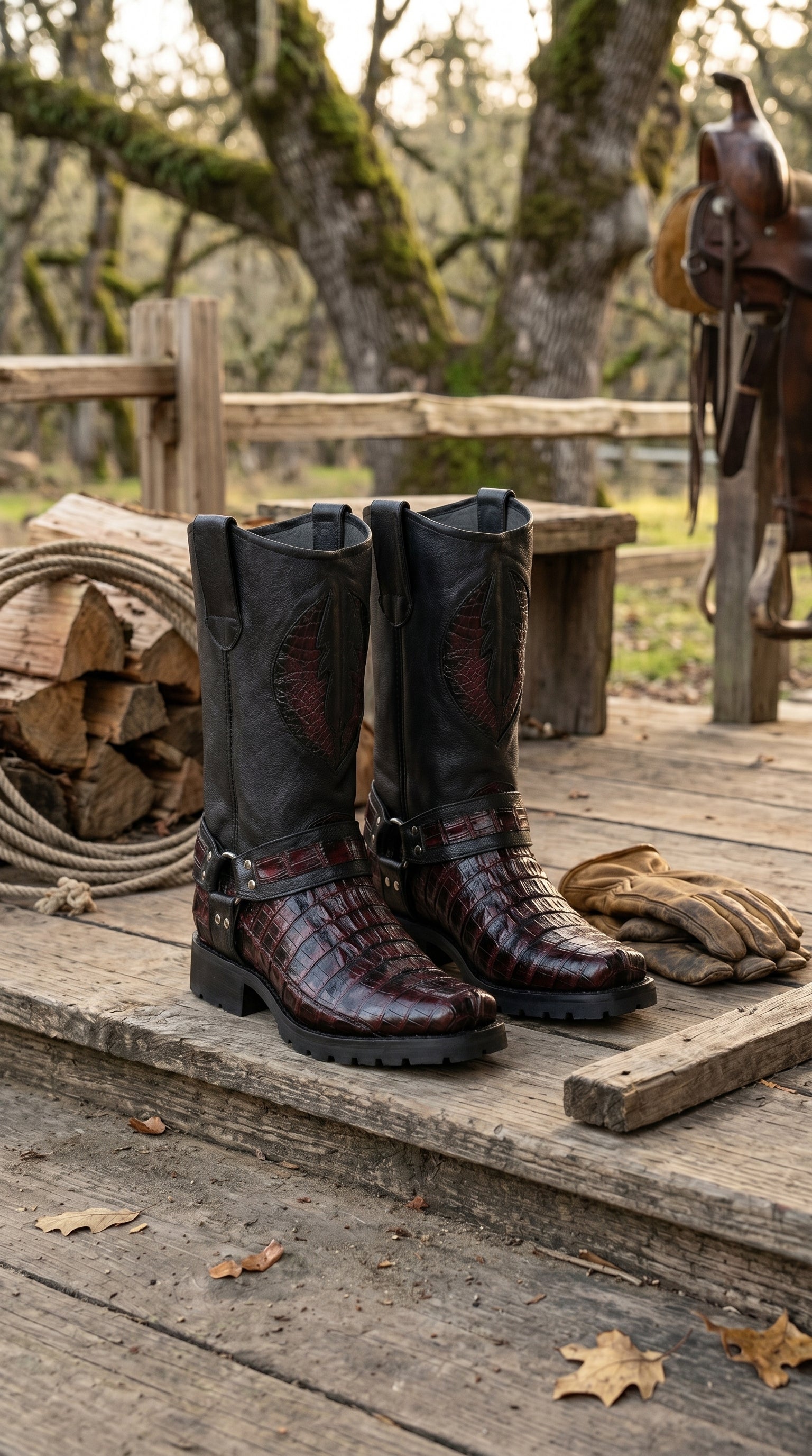 Men’s Los Altos Black Cherry Caiman Tail Skin Biker Boots, Exotic Western Motorcycle Boots
