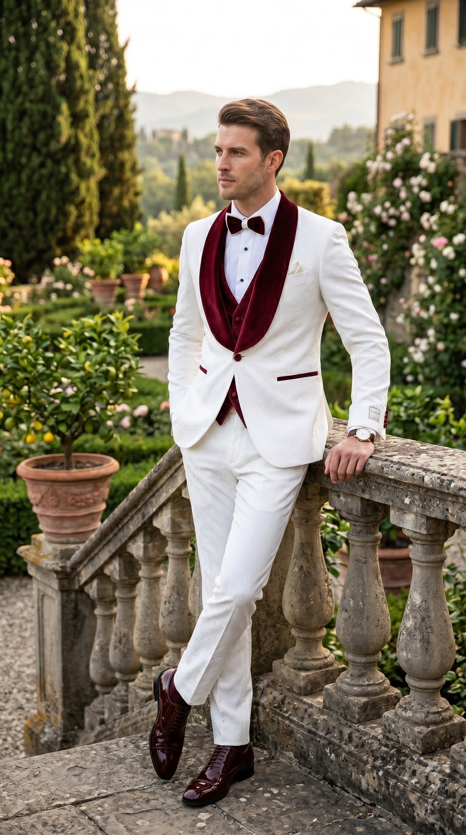 Men’s Gianni White and Burgundy Velvet Lapel 3 Piece Tuxedo, Formal Wedding Prom Suit