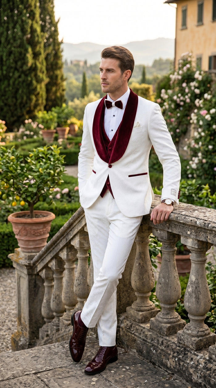 Men’s Gianni White and Burgundy Velvet Lapel 3 Piece Tuxedo, Formal Wedding Prom Suit