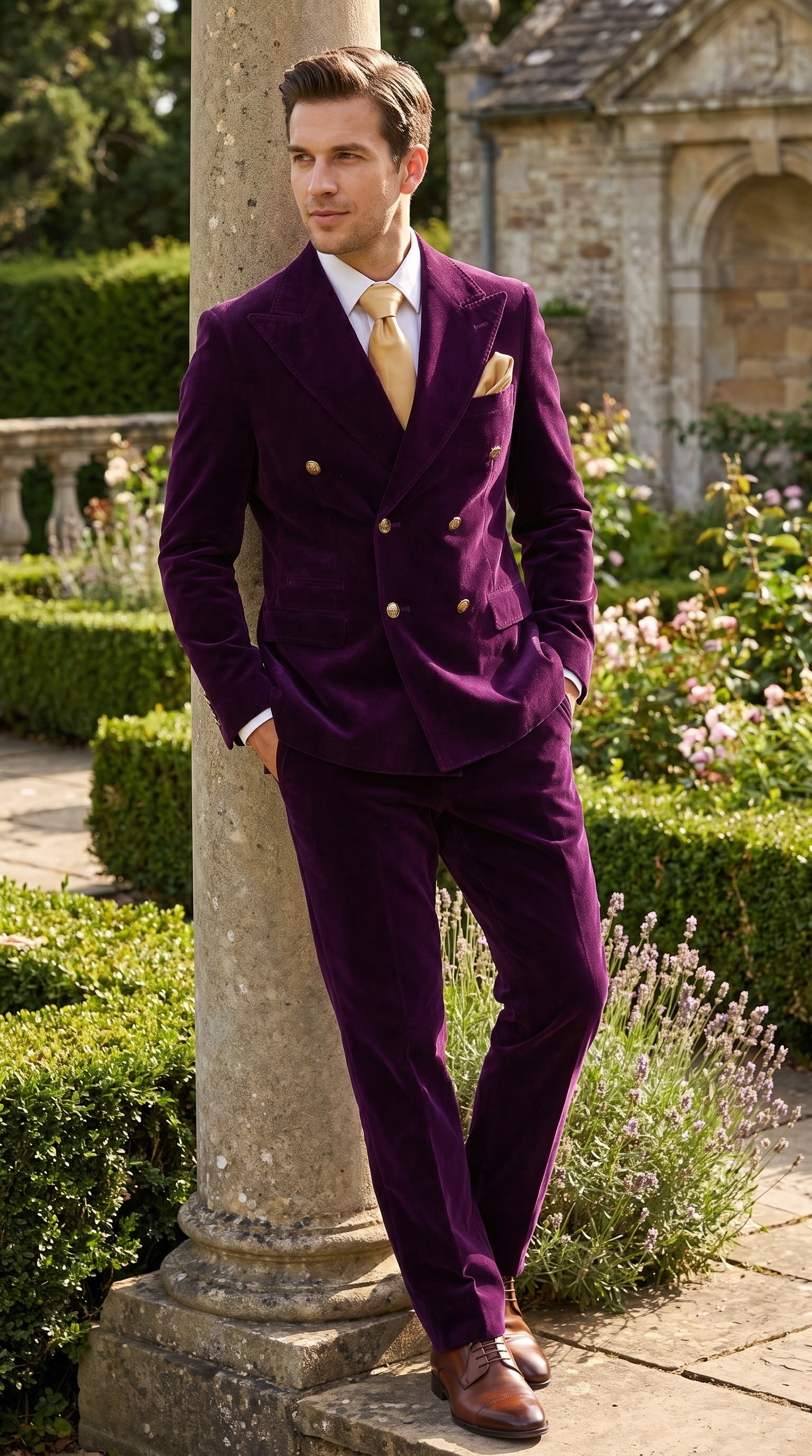 Men’s Rossi Man Zeus Purple Velvet Double Breasted Tuxedo Suit, Formal Wedding Prom Dinner Suit Set - 34 Short or Extra Small
