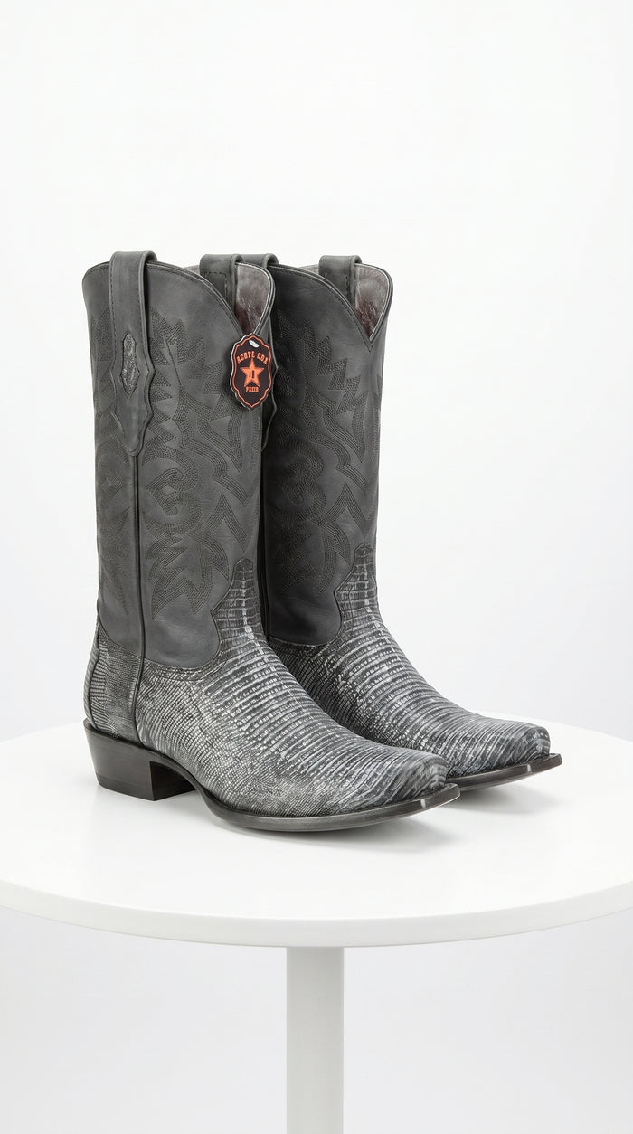 Men's Los Altos Boots 7 Toe Genuine Teju Lizard Sanded Black Leather Boots Handcrafted
