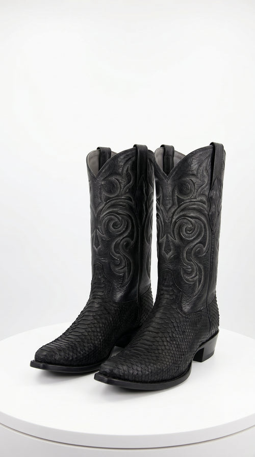 Men’s Black Python Cowboy Boots with Western Stitching, Exotic Style Dress Boots