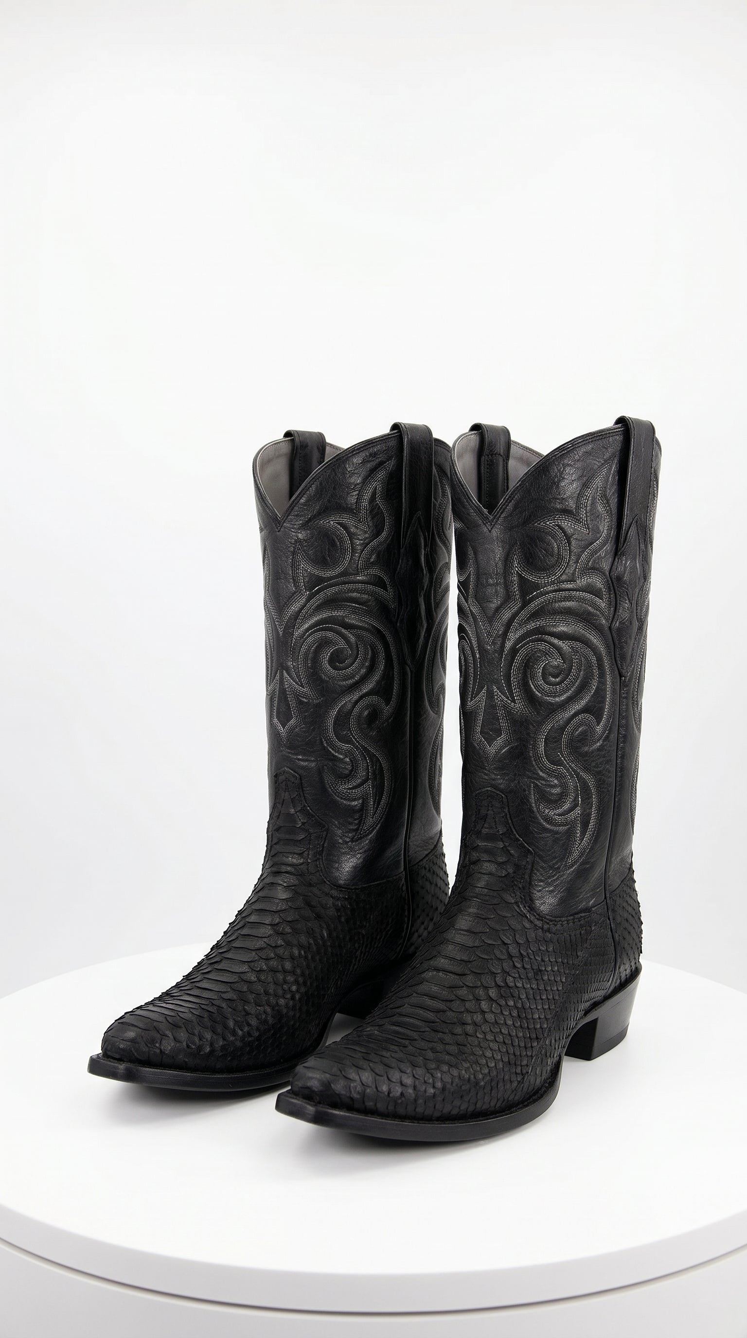 Men’s Black Python Cowboy Boots with Western Stitching, Exotic Style Dress Boots