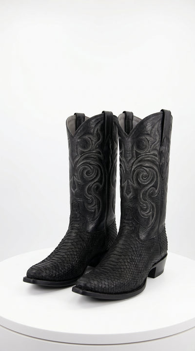 Men’s Black Python Cowboy Boots with Western Stitching, Exotic Style Dress Boots