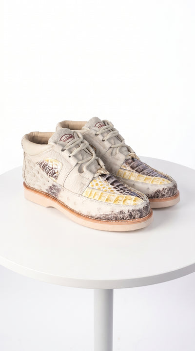Men’s Los Altos Caiman and Ostrich Skin Shoes in Cream Multi Color, Exotic Western Dress Shoes