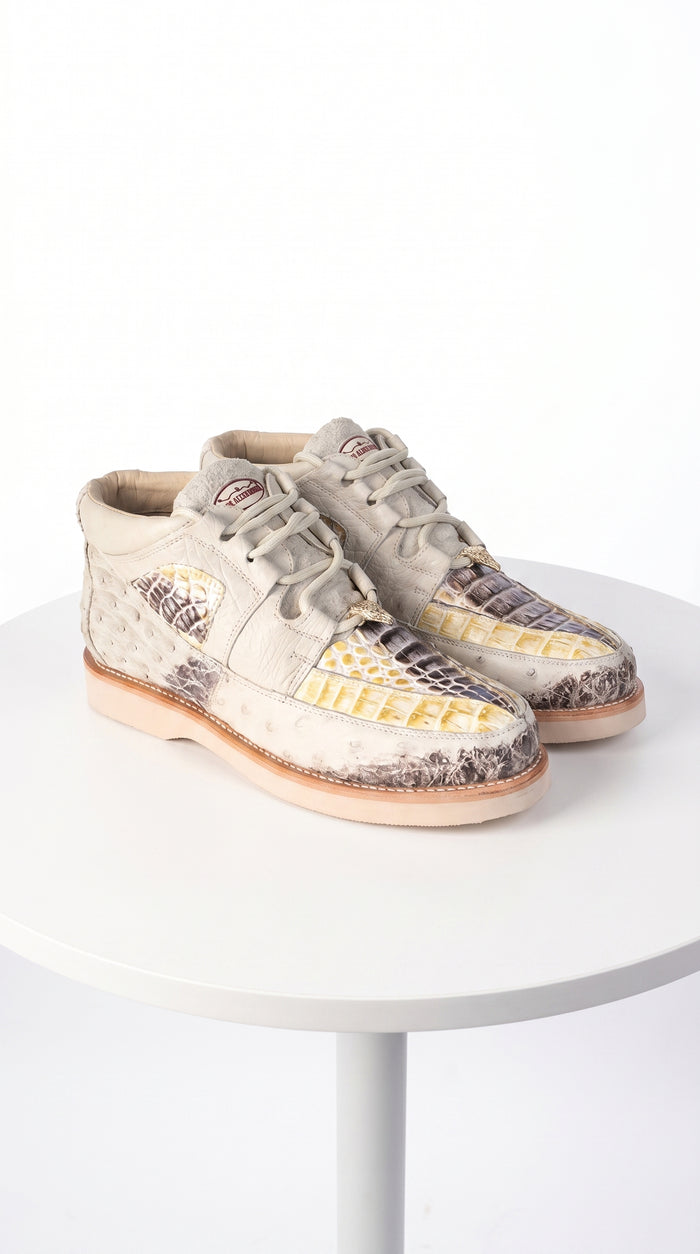 Men’s Los Altos Caiman and Ostrich Skin Shoes in Cream Multi Color, Exotic Western Dress Shoes