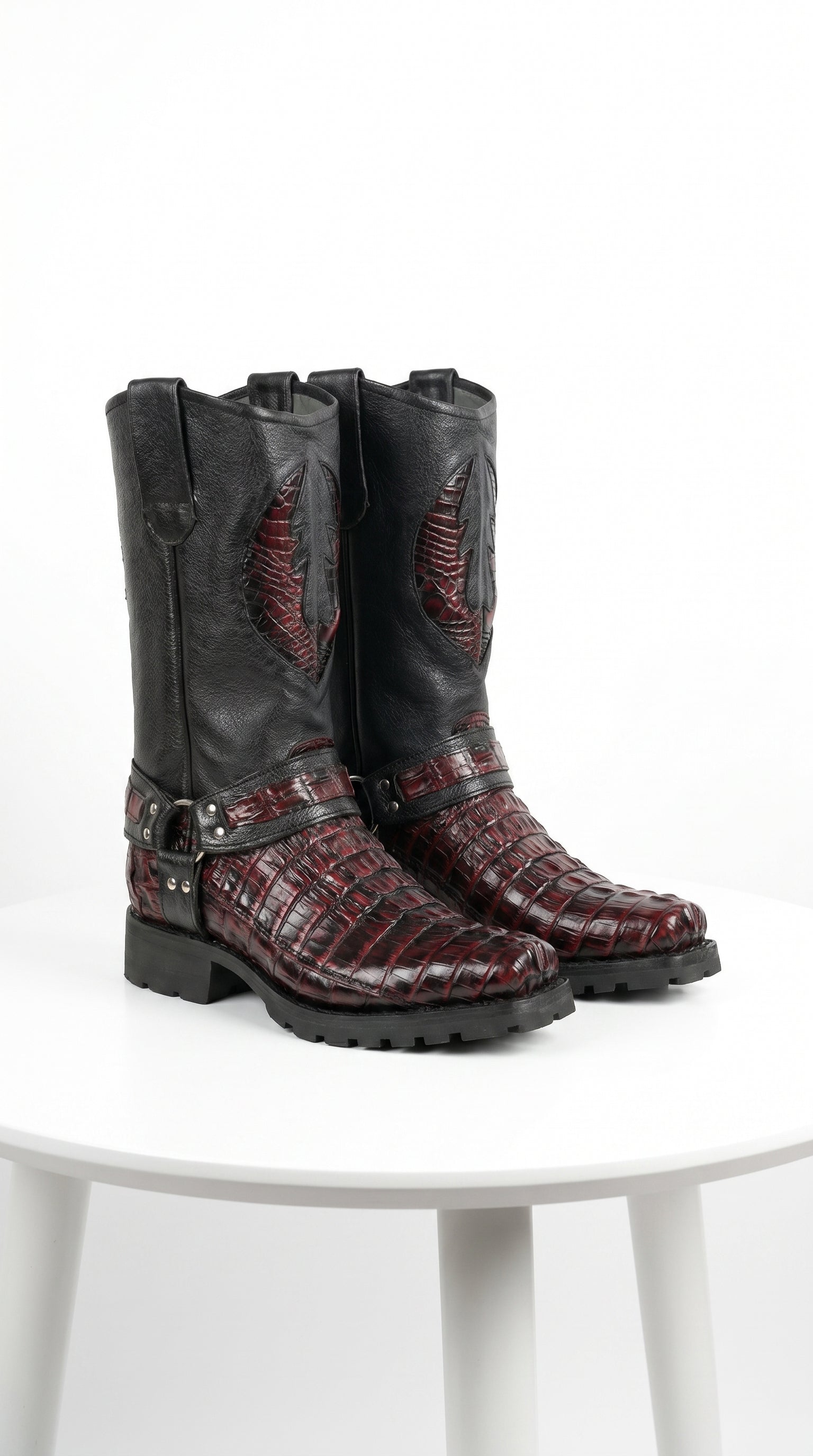 Men’s Los Altos Black and Burgundy Caiman Tail Skin Biker Boots, Exotic Western Motorcycle Boots - 6
