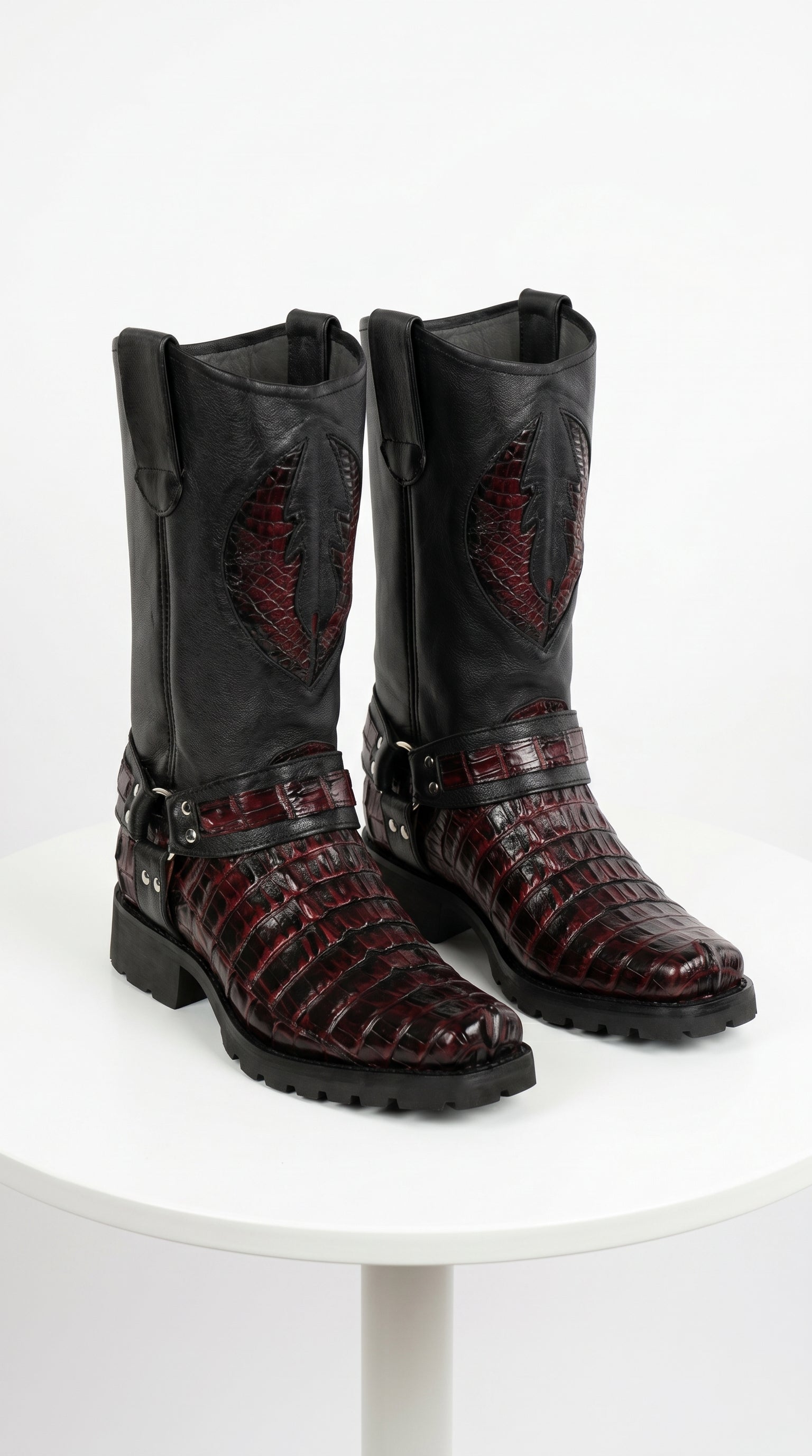 Men’s Los Altos Black Cherry Caiman Tail Skin Biker Boots, Exotic Western Motorcycle Boots