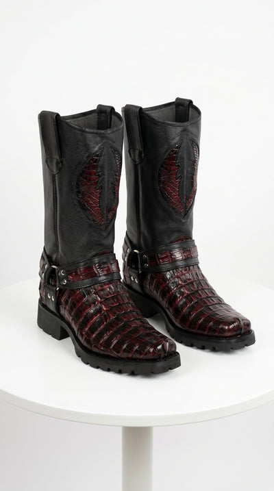 Men’s Los Altos Black Cherry Caiman Tail Skin Biker Boots, Exotic Western Motorcycle Boots