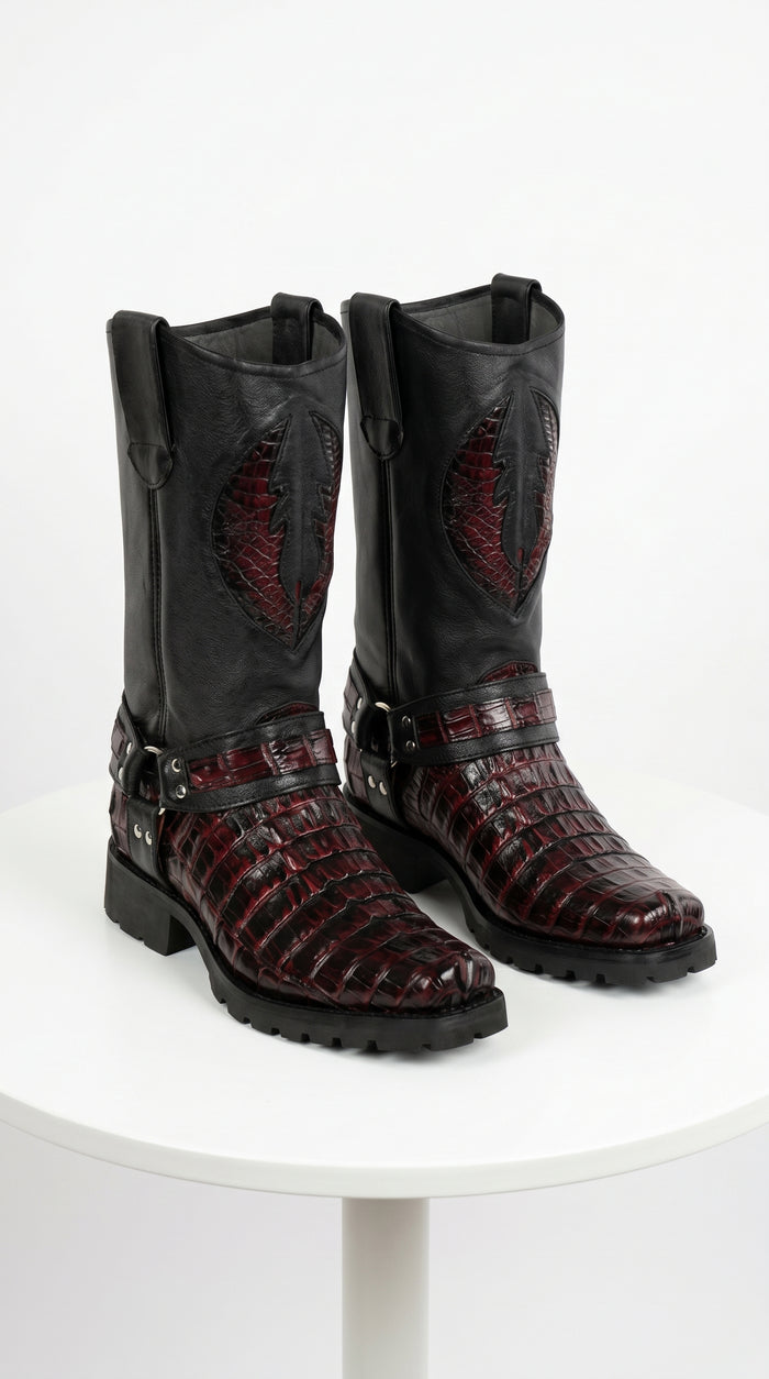 Men’s Los Altos Black Cherry Caiman Tail Skin Biker Boots, Exotic Western Motorcycle Boots