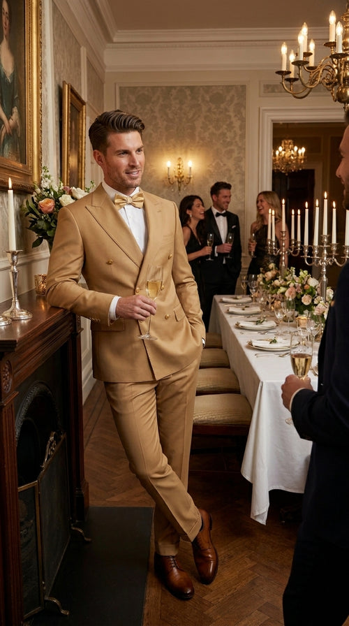 Rossiman Men’s Mustard Yellow Double Breasted Suit, Designer Fashion Dress Suit for Weddings, Prom, Parties, and Special Occasions