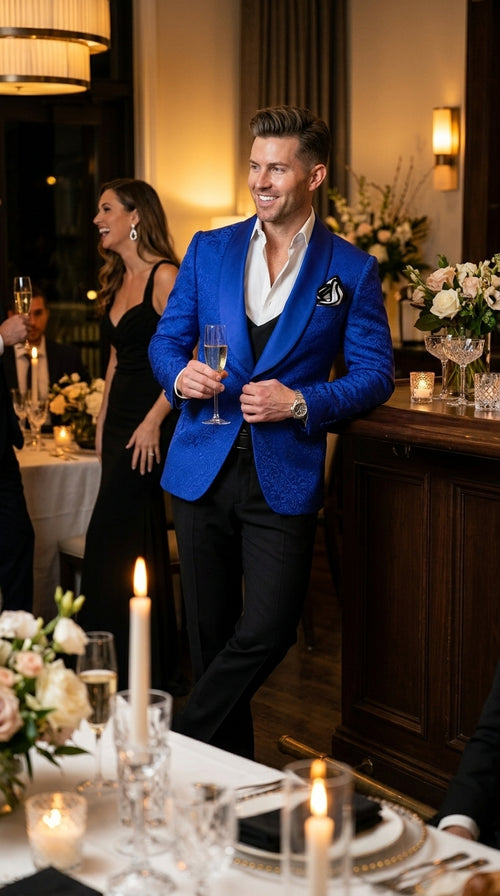 Men’s Royal Blue Prom Tuxedo Jacket, Textured Shawl Lapel Homecoming and Wedding Formal Blazer