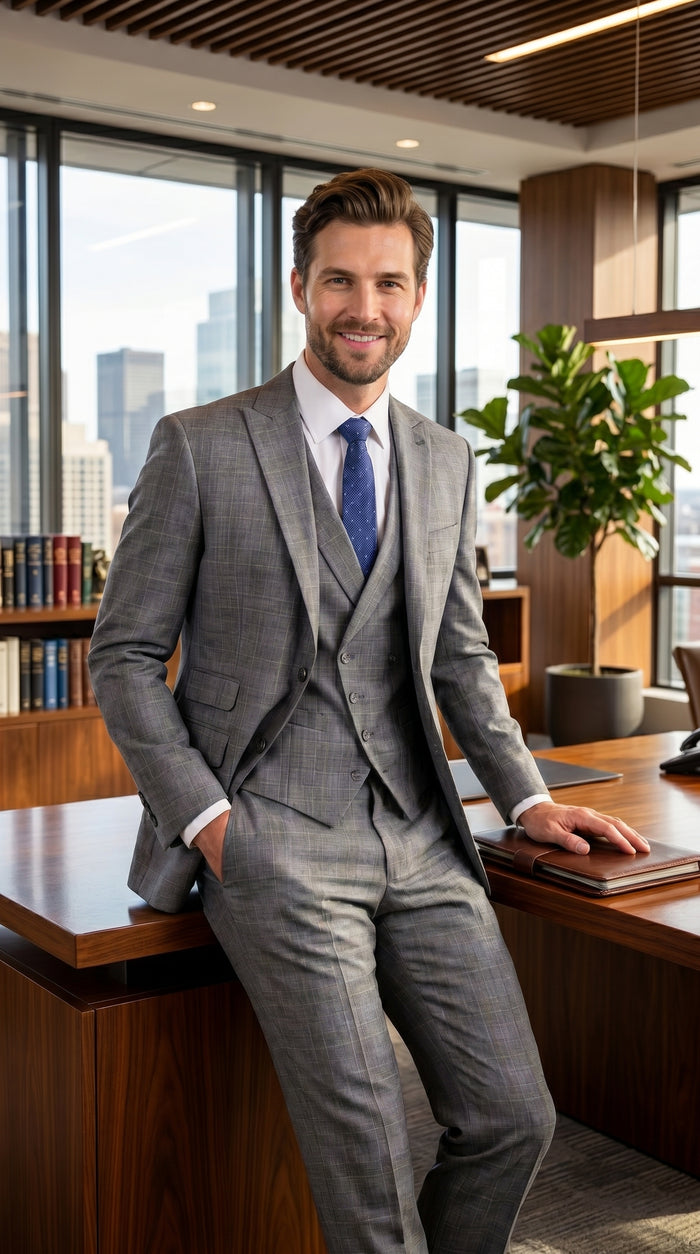Men’s Gray Glen Plaid 3 Piece Suit with Jacket, Vest and Pants, Formal Wedding Business Dress Suit