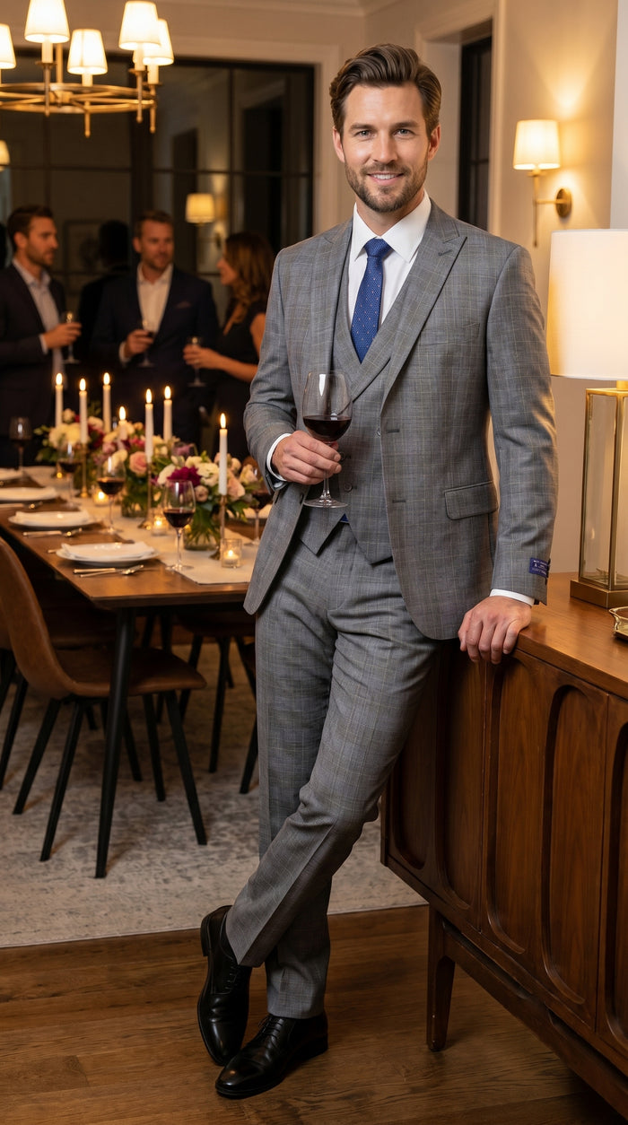 Men’s Gray Glen Plaid 3 Piece Suit with Jacket, Vest and Pants, Formal Wedding Business Dress Suit