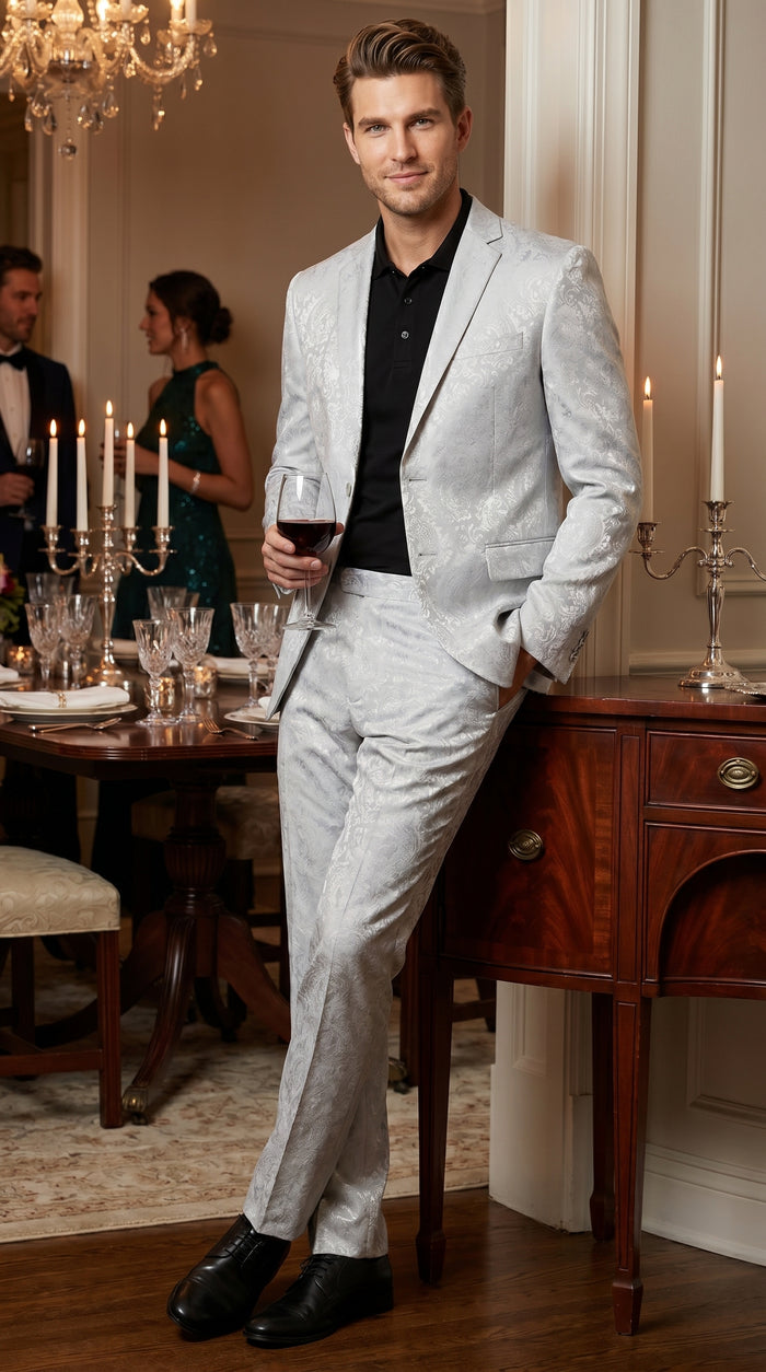 Men’s Silver Grey Paisley Wedding and Prom 2026 Suit with Jacket and Matching Pants
