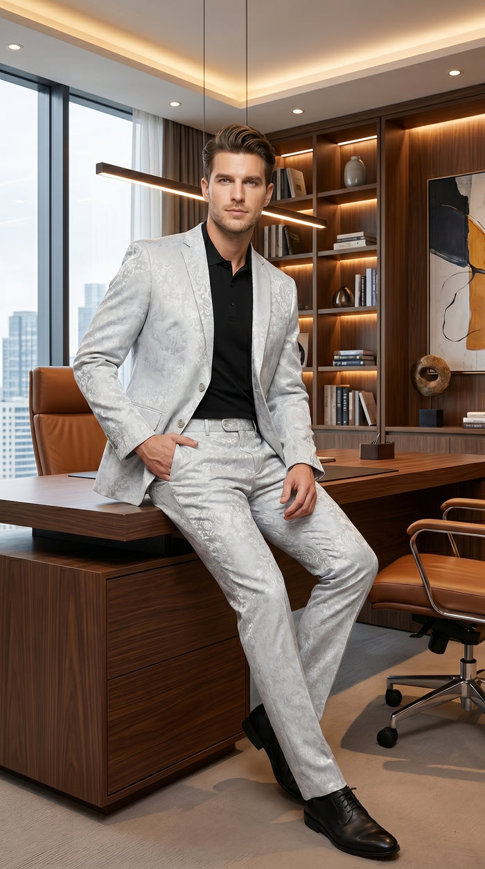 Men’s Silver Grey Paisley Wedding and Prom 2026 Suit with Jacket and Matching Pants