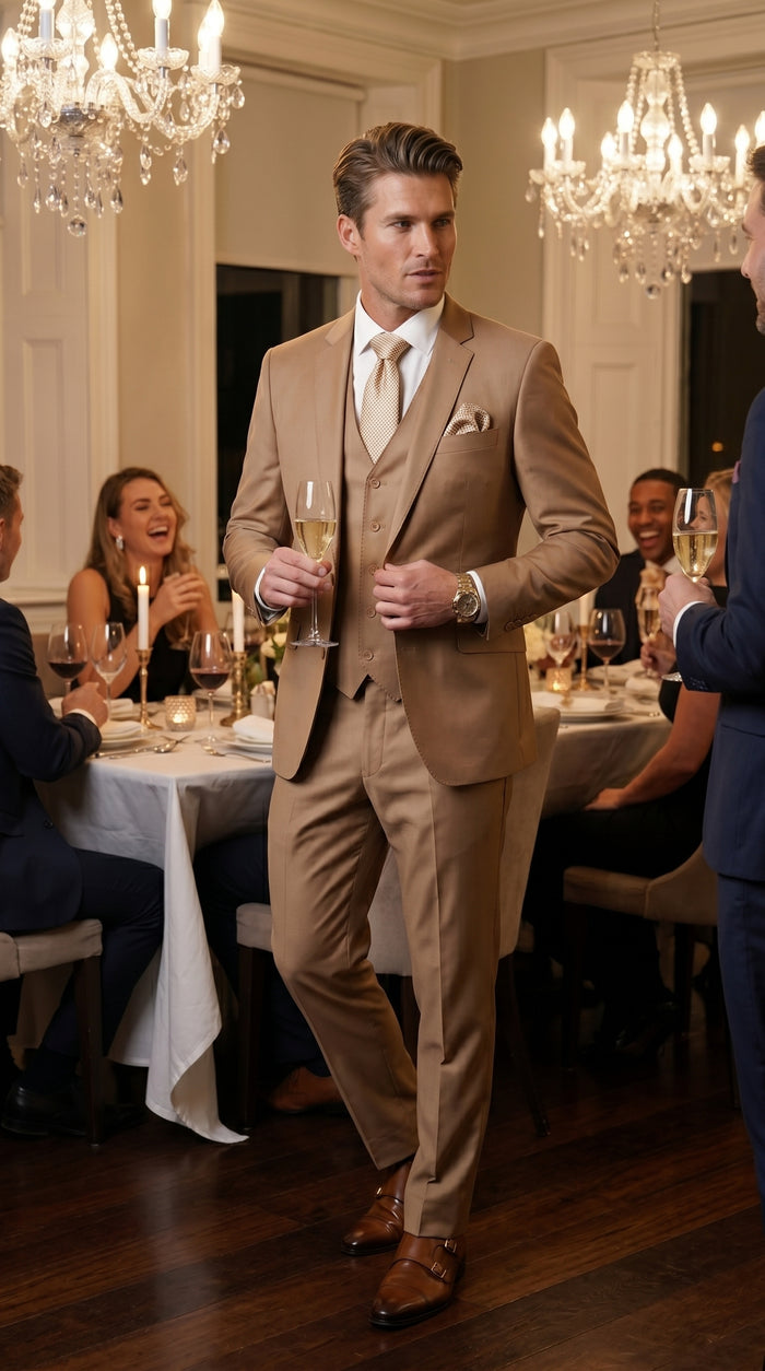 Statement Men’s Solid Caramel 100% Wool Vested Suit, Formal Wedding Business 3 Piece Suit Set