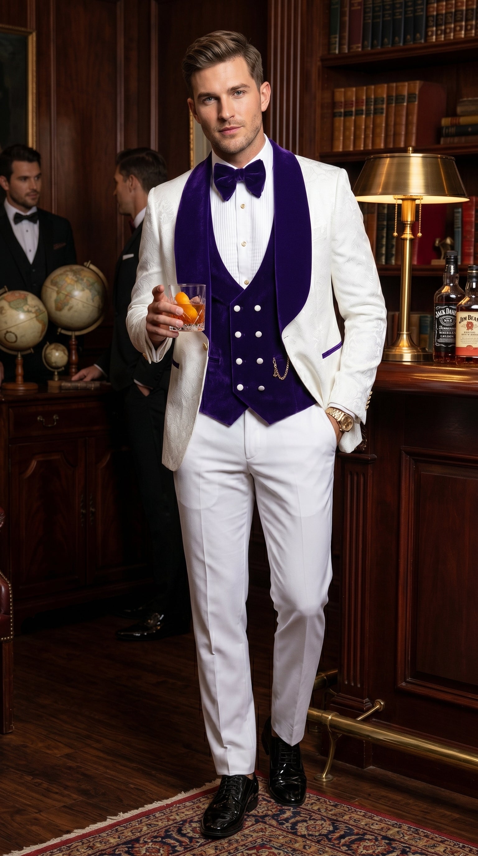 Men’s White and Royal Blue Wedding Tuxedo, Groom Prom Suit with Velvet Shawl Lapel and Matching Vest