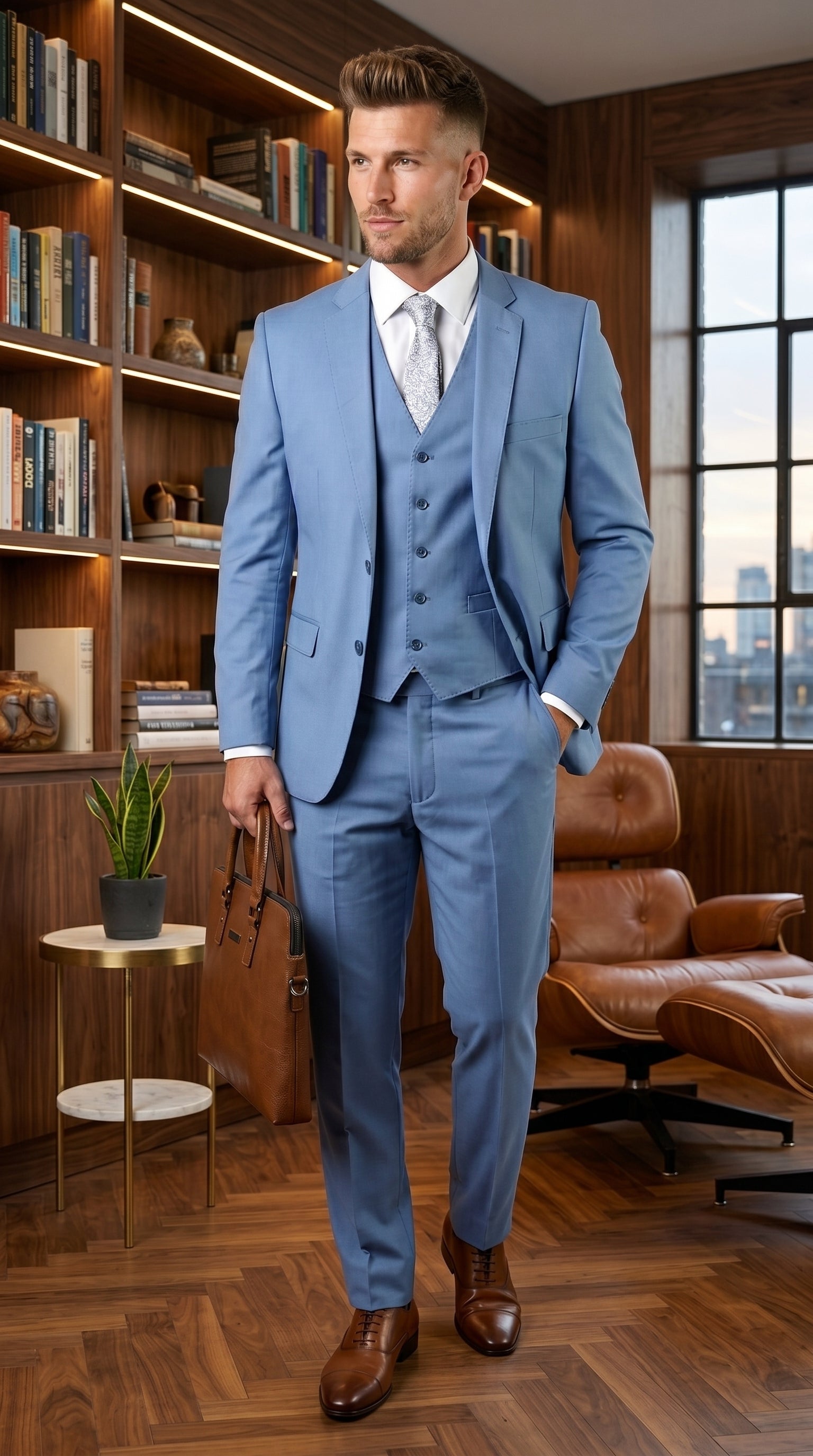 Statement Men’s Solid Steel Blue 100% Wool Vested Suit, Formal Wedding Business 3 Piece Suit Set