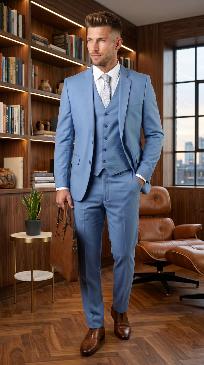 Statement Men’s Solid Steel Blue 100% Wool Vested Suit, Formal Wedding Business 3 Piece Suit Set