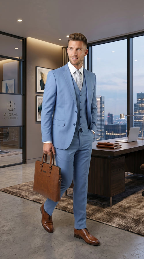Statement Men’s Solid Steel Blue 100% Wool Vested Suit, Formal Wedding Business 3 Piece Suit Set