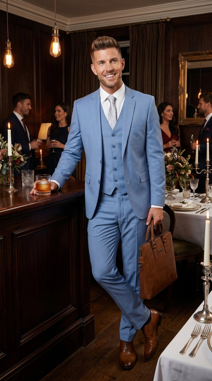 Statement Men’s Solid Steel Blue 100% Wool Vested Suit, Formal Wedding Business 3 Piece Suit Set