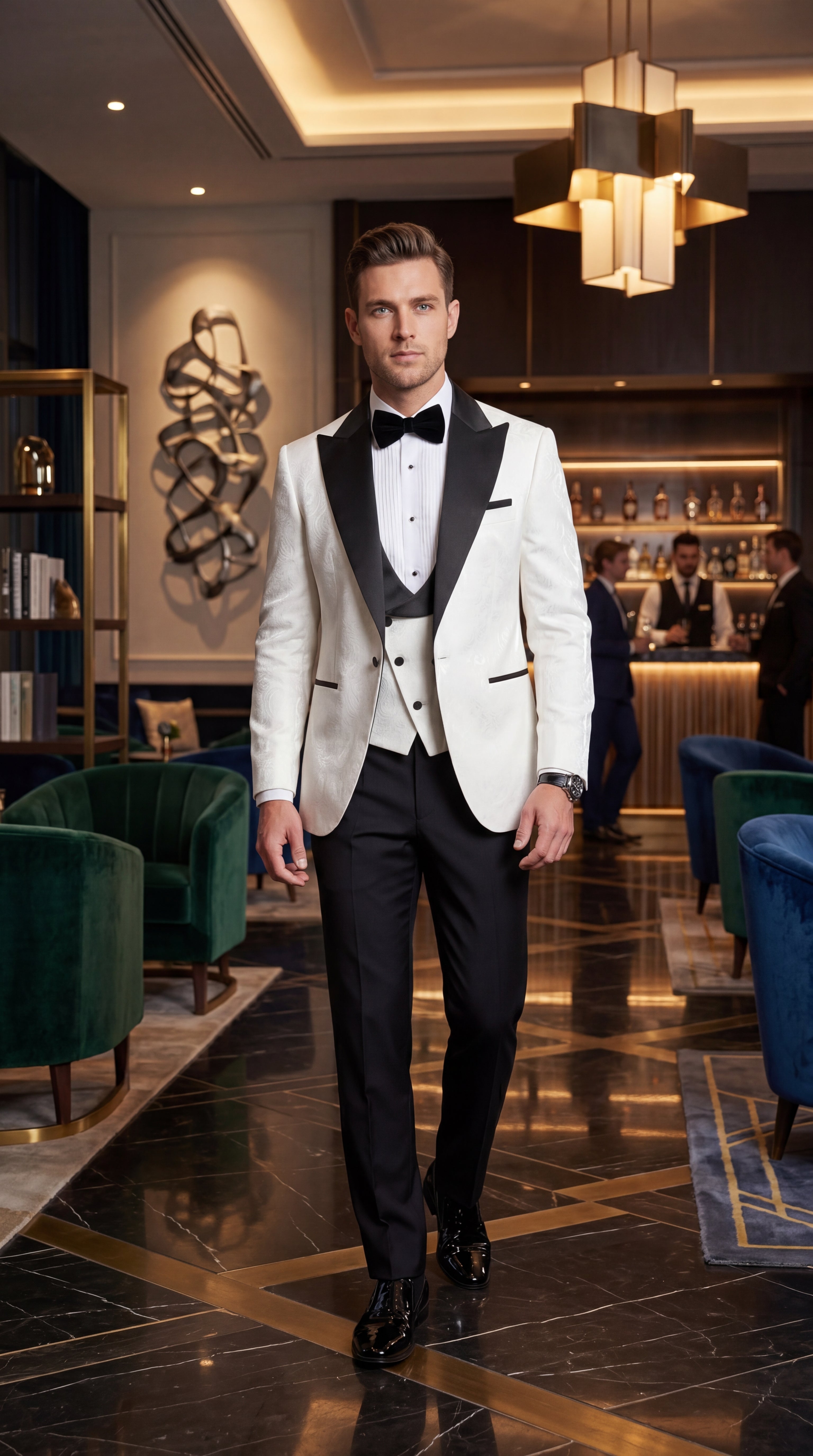 Statement Men’s White and Black Vested Tuxedo, Peak Lapel Wedding Prom Formal Suit with Bow Tie
