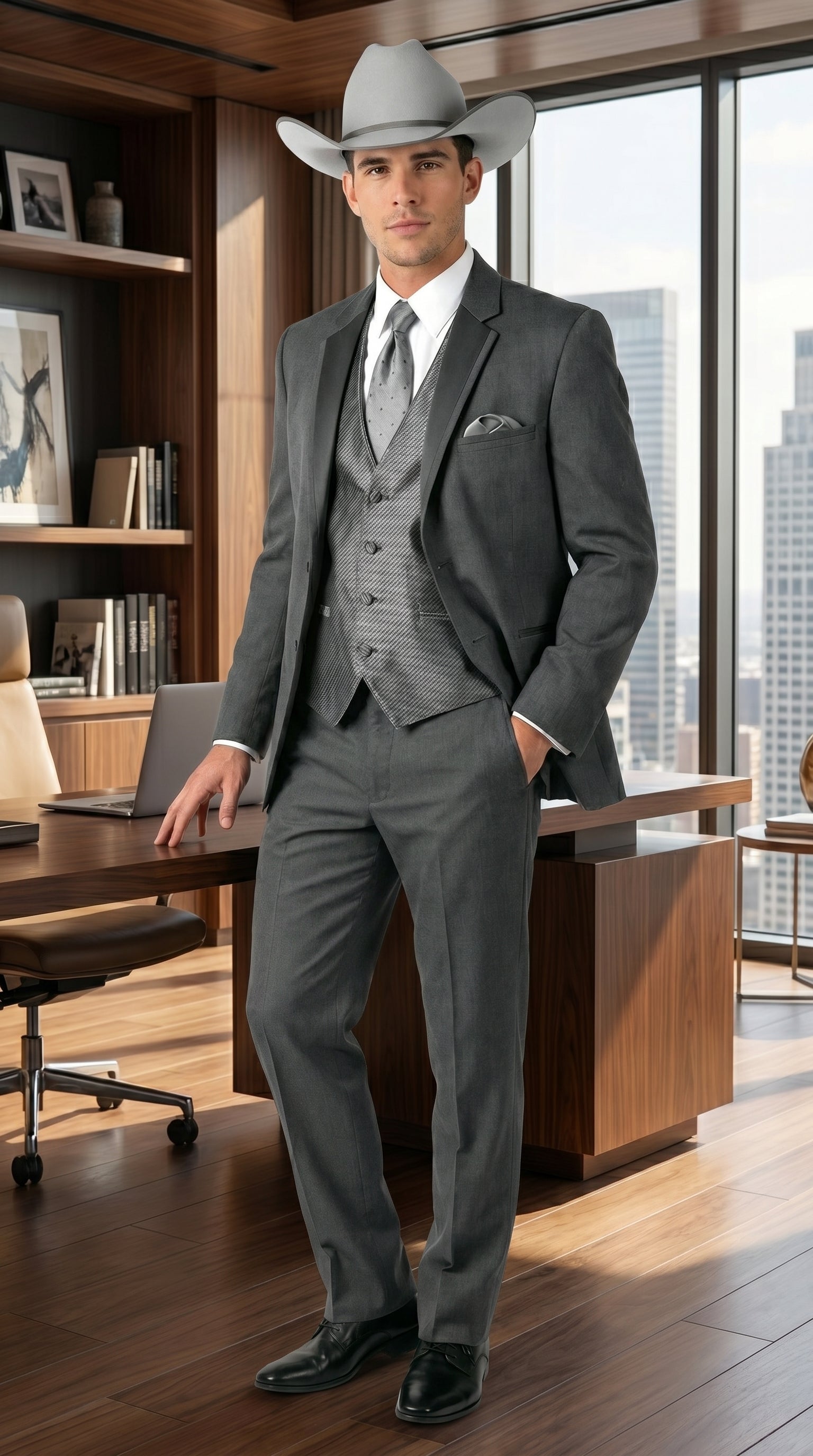 2 Button Trim Cowboy Tuxedo  Grey - Jacket and Pants