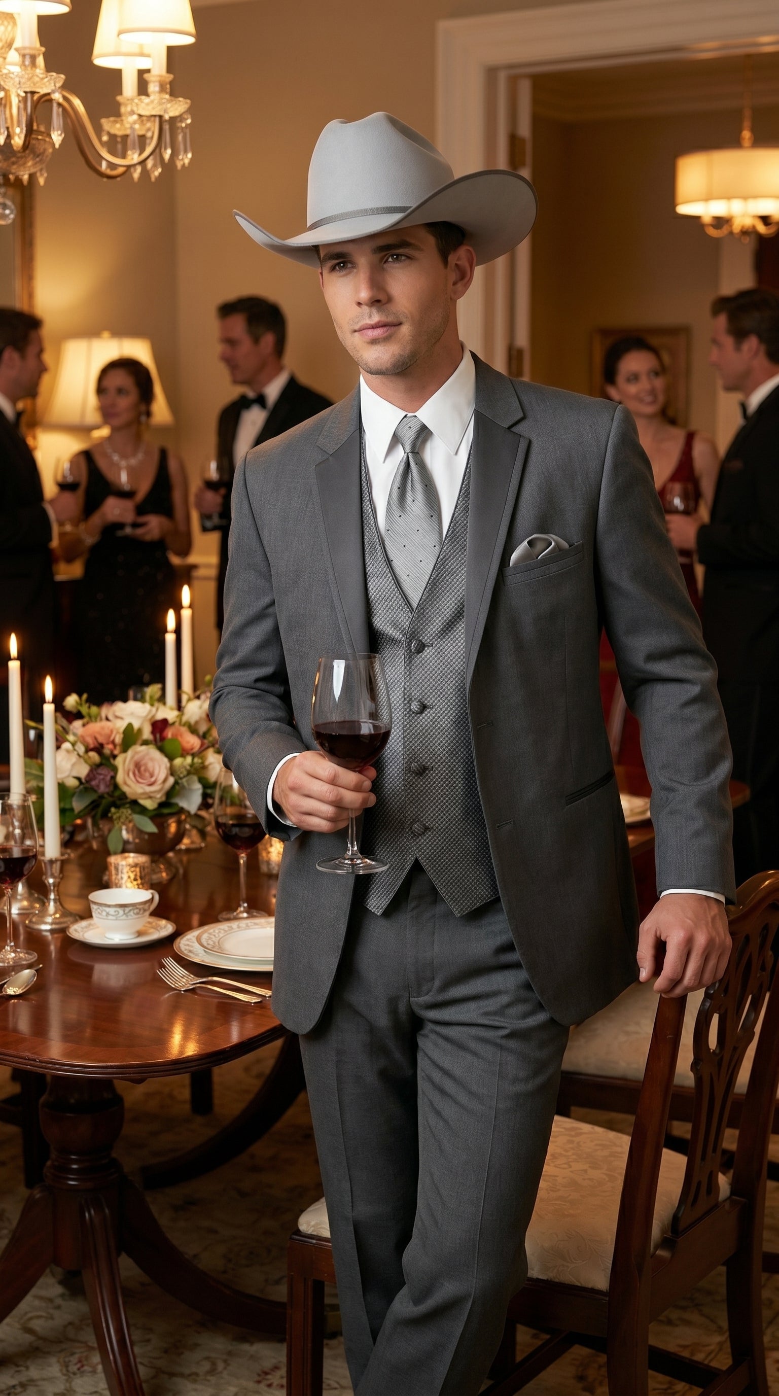2 Button Trim Cowboy Tuxedo  Grey - Jacket and Pants